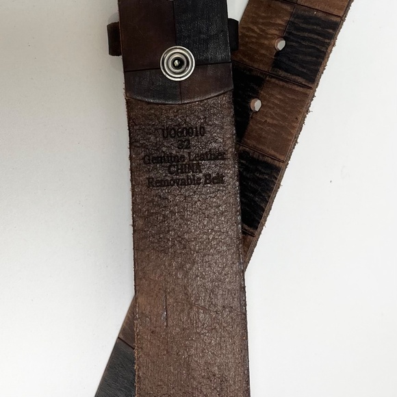 Vintage Brown Leather Distressed Checkerboard Belt Silver Buckle Genuine Leather